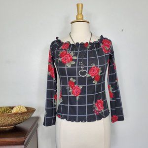 Ultra Flirt Black Gray Red Green Floral Grid Soft Off/On Shoulder Top L (Jun)